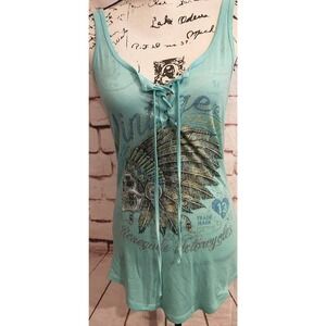 Renegade Motorcycles Embellished Tank T Shirt Size Large Lace up Green Blue Long